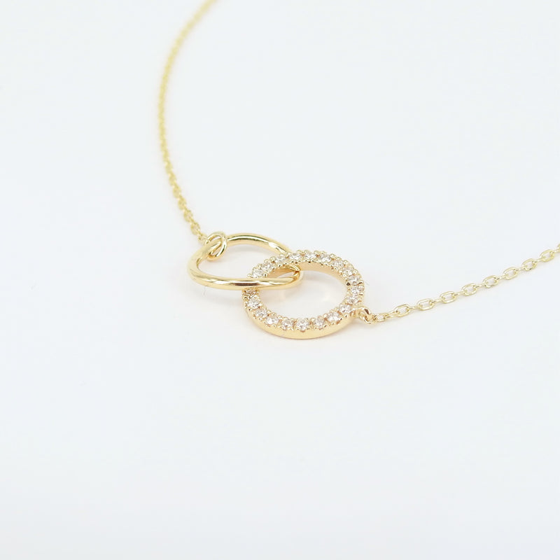 Double Diamond & Gold Necklace, Minimalist Circle Necklace