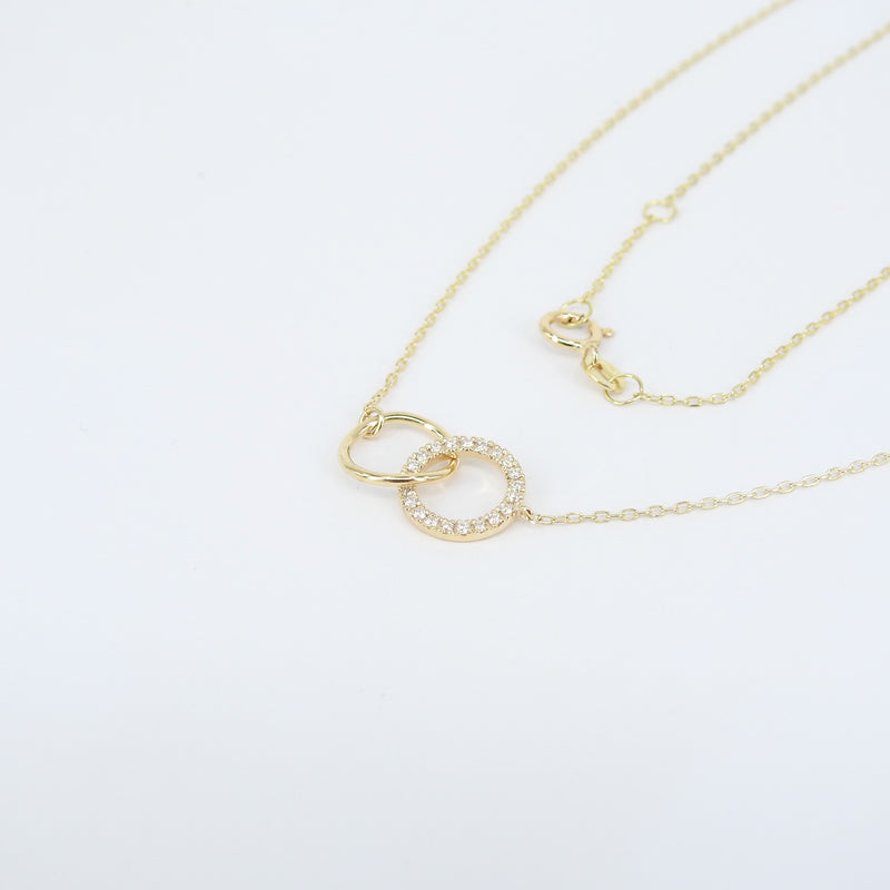 Double Diamond & Gold Necklace, Minimalist Circle Necklace