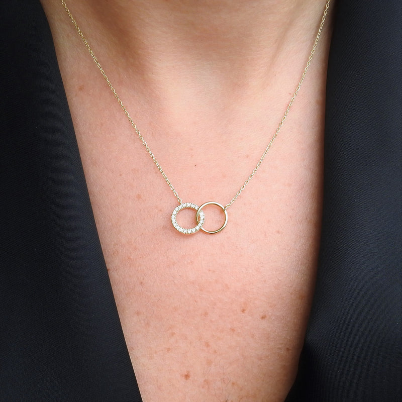 Double Diamond & Gold Necklace, Minimalist Circle Necklace