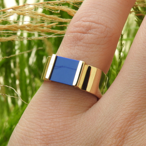 Genuine Blue Lapis Chunky Square Statement Flat Ring