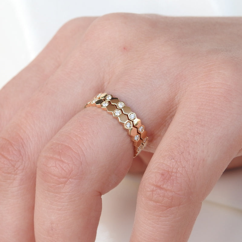 Nature-Inspired Hexagon Diamond Band –  Solid 18k Gold Stacking Eternity Ring