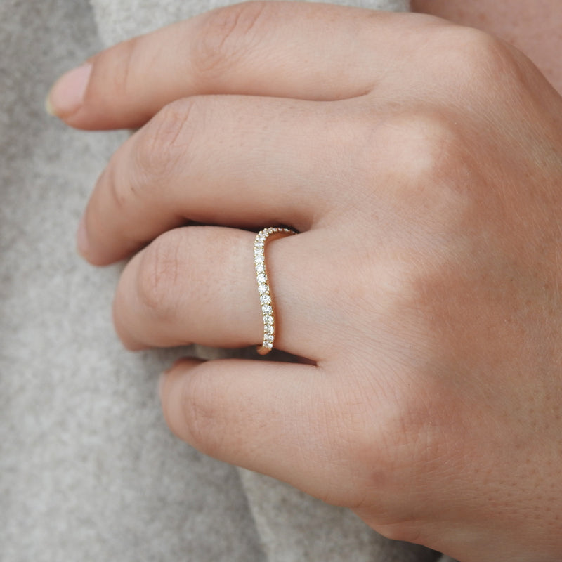 Curved Diamond Wedding Band - Unique Wavy Diamond Stacking Ring