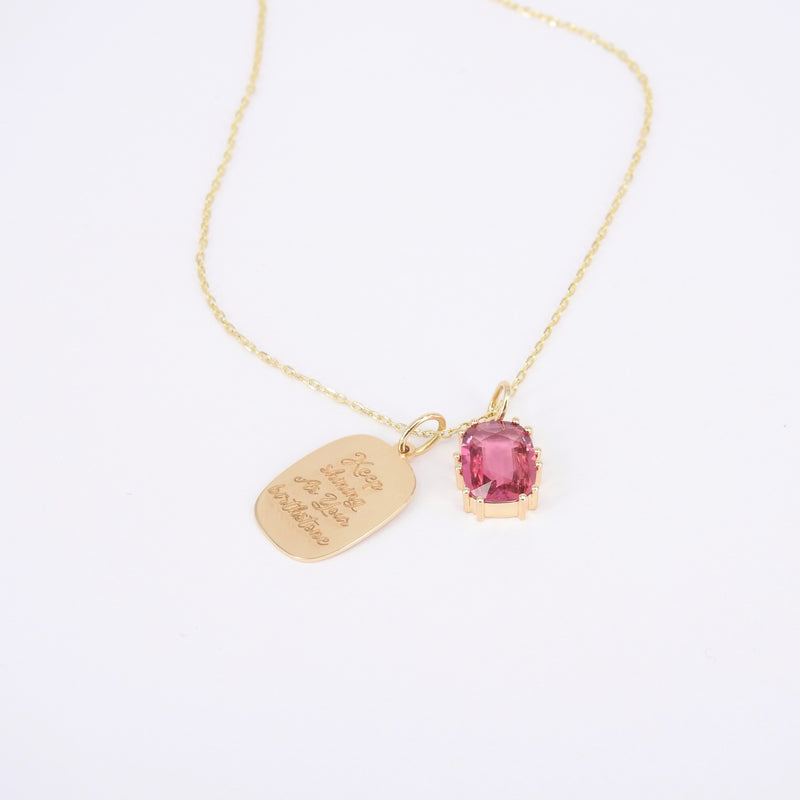 Engraved Birthstone Necklace - Solid 18k Gold Pendant with a Unique Cushion Emerald-Cut Tourmaline Charm Necklace