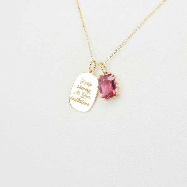 Engraved Birthstone Necklace - Solid 18k Gold Pendant with a Unique Cushion Emerald-Cut Tourmaline Charm Necklace
