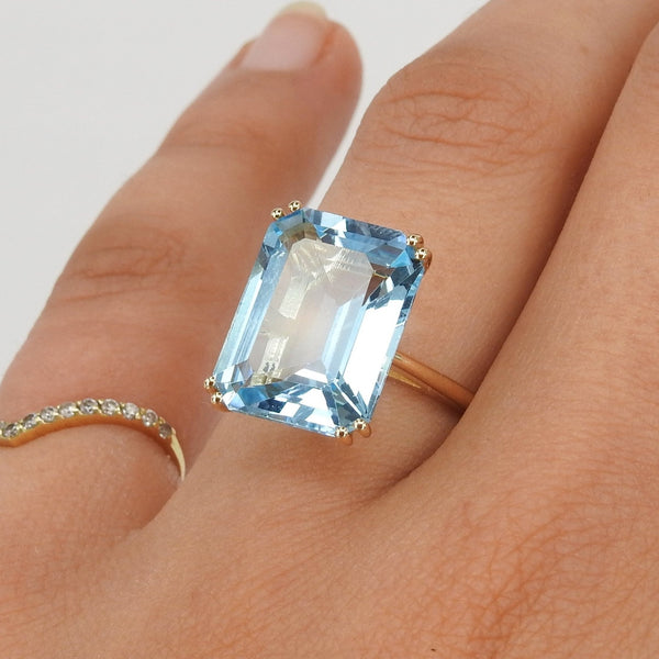 Emerald Cut Aquamarine Engagement Ring – Large Aquamarine Gold Ring - Genuine March Birthstone Ring – Simple Wedding Aquamarine Jewelry Set