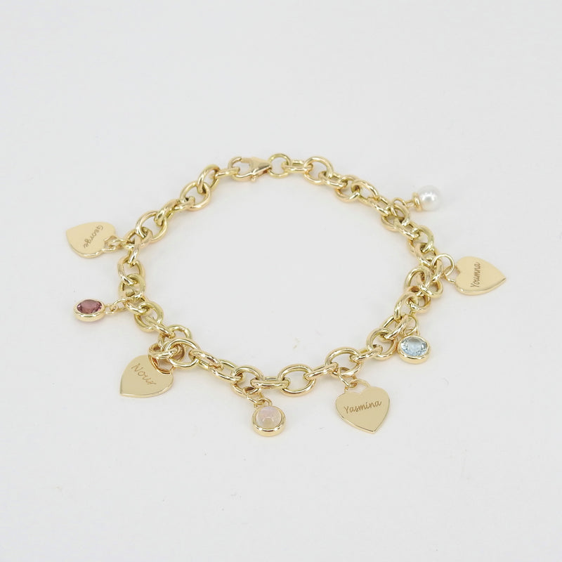 Personalized Birthstone & Heart Charm Bracelet – Custom 18k Gold Family Jewelry – Engraved Gift for Mom, Grandma, or Her