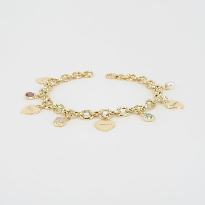 Personalized Birthstone & Heart Charm Bracelet – Custom 18k Gold Family Jewelry – Engraved Gift for Mom, Grandma, or Her