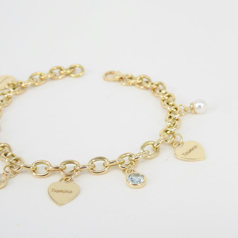 Personalized Birthstone & Heart Charm Bracelet – Custom 18k Gold Family Jewelry – Engraved Gift for Mom, Grandma, or Her