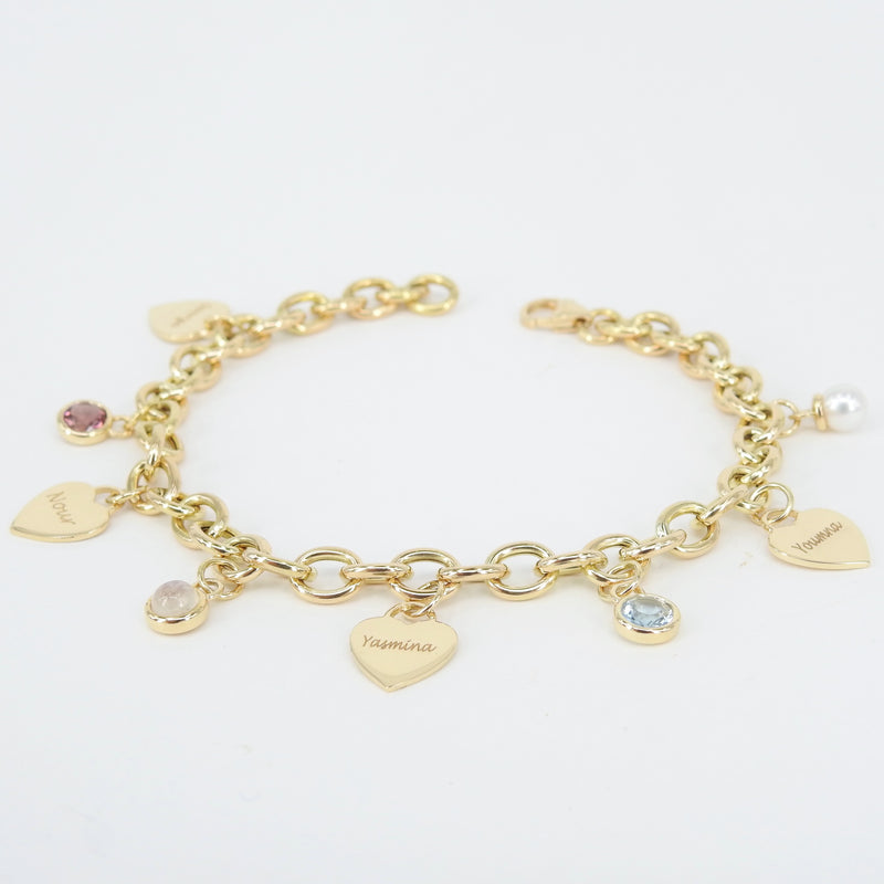 Personalized Birthstone & Heart Charm Bracelet – Custom 18k Gold Family Jewelry – Engraved Gift for Mom, Grandma, or Her