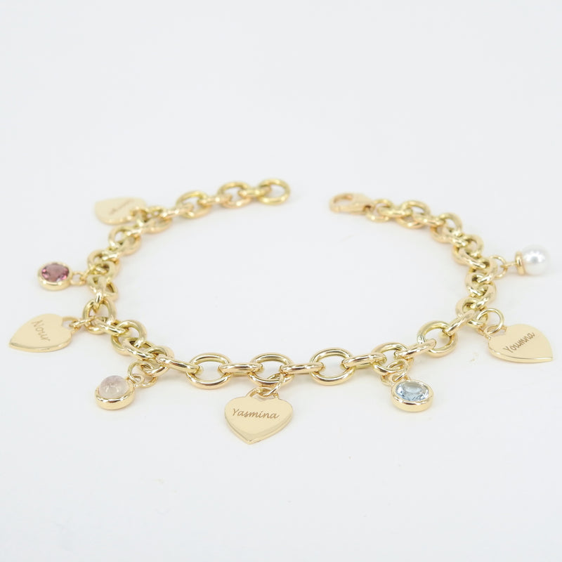 Personalized Birthstone & Heart Charm Bracelet – Custom 18k Gold Family Jewelry – Engraved Gift for Mom, Grandma, or Her