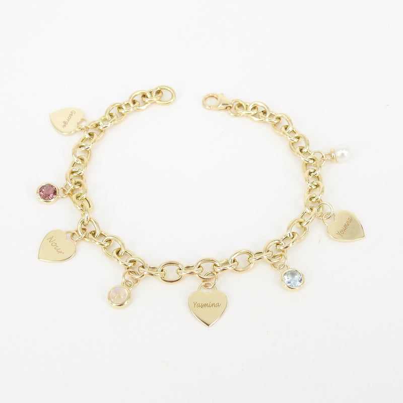 Personalized Birthstone & Heart Charm Bracelet – Custom 18k Gold Family Jewelry – Engraved Gift for Mom, Grandma, or Her