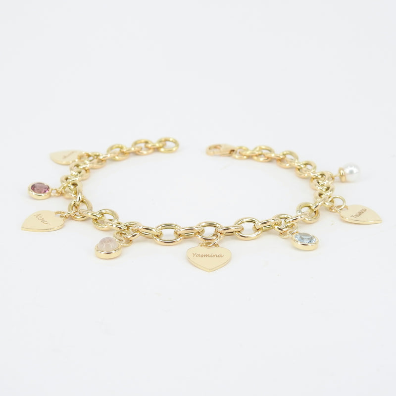 Personalized Birthstone & Heart Charm Bracelet – Custom 18k Gold Family Jewelry – Engraved Gift for Mom, Grandma, or Her