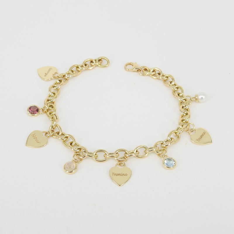 Personalized Birthstone & Heart Charm Bracelet – Custom 18k Gold Family Jewelry – Engraved Gift for Mom, Grandma, or Her