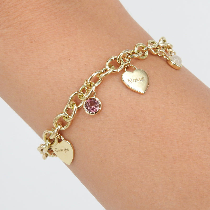Personalized Birthstone & Heart Charm Bracelet – Custom 18k Gold Family Jewelry – Engraved Gift for Mom, Grandma, or Her