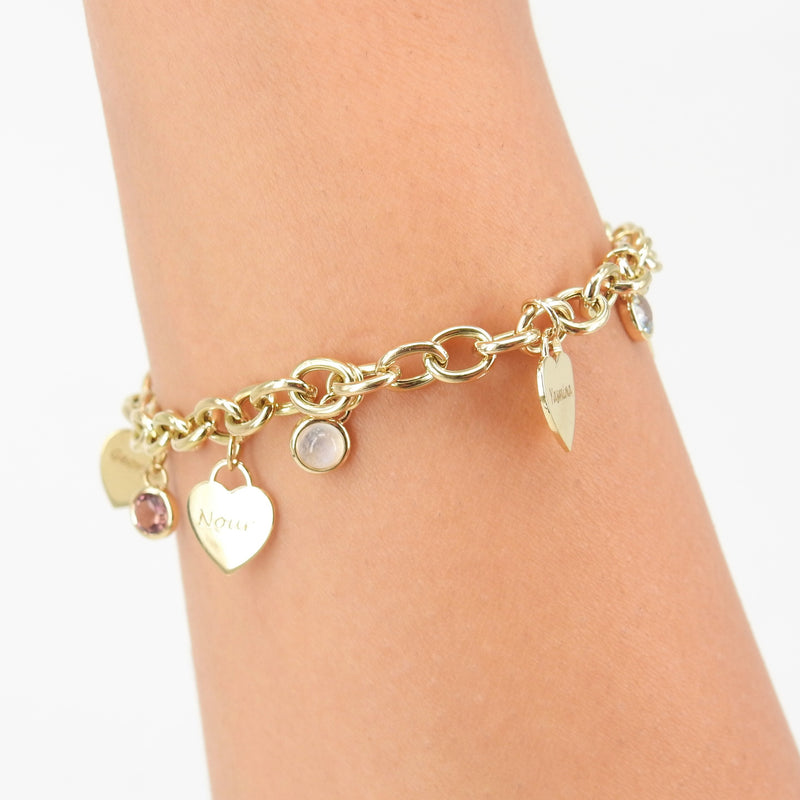 Personalized Birthstone & Heart Charm Bracelet – Custom 18k Gold Family Jewelry – Engraved Gift for Mom, Grandma, or Her