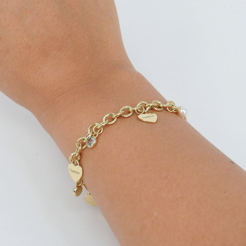 Personalized Birthstone & Heart Charm Bracelet – Custom 18k Gold Family Jewelry – Engraved Gift for Mom, Grandma, or Her