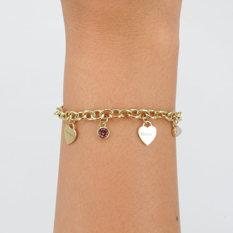 Personalized Birthstone & Heart Charm Bracelet – Custom 18k Gold Family Jewelry – Engraved Gift for Mom, Grandma, or Her