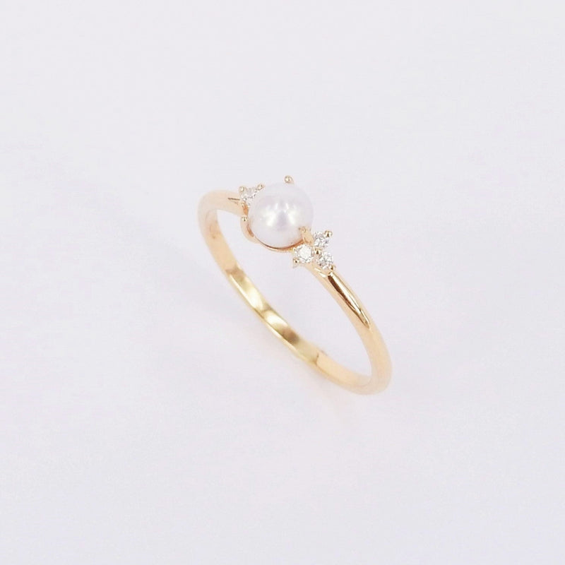 Dainty Pearl Diamond Engagement Ring – Family Birthstone Ring – Nature Inspired Freshwater Pearl Ring