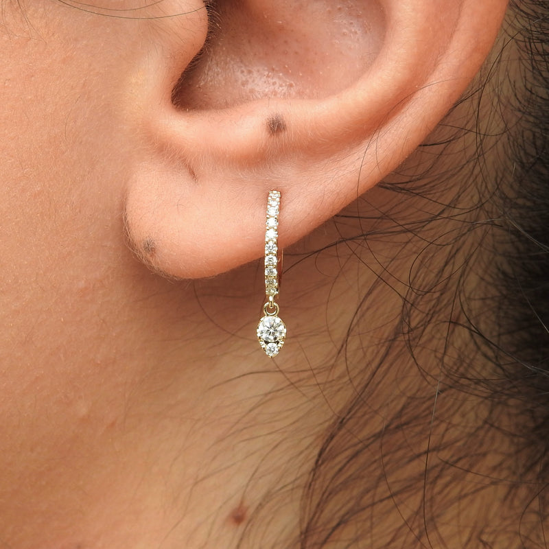 Diamond Huggie Hoop Earrings – Dangling Pear Diamond Charm