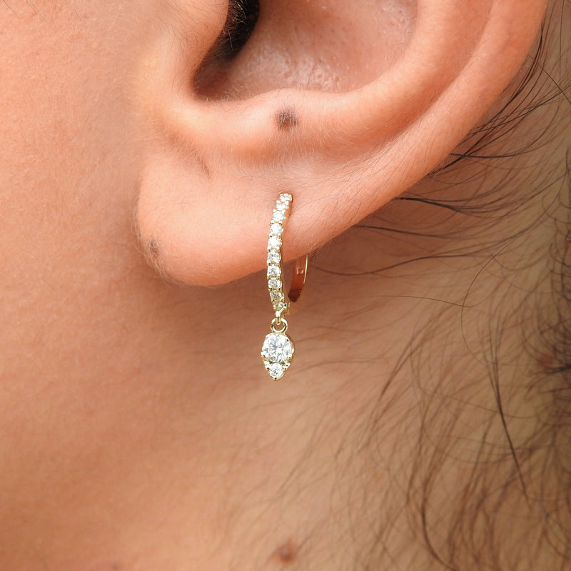 Diamond Huggie Hoop Earrings – Dangling Pear Diamond Charm