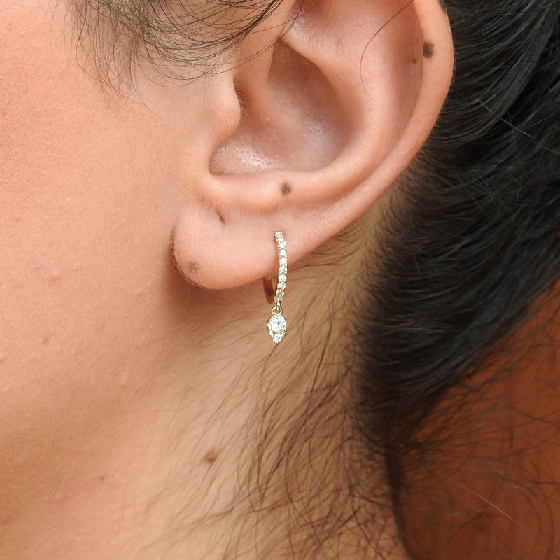 Diamond Huggie Hoop Earrings – Dangling Pear Diamond Charm