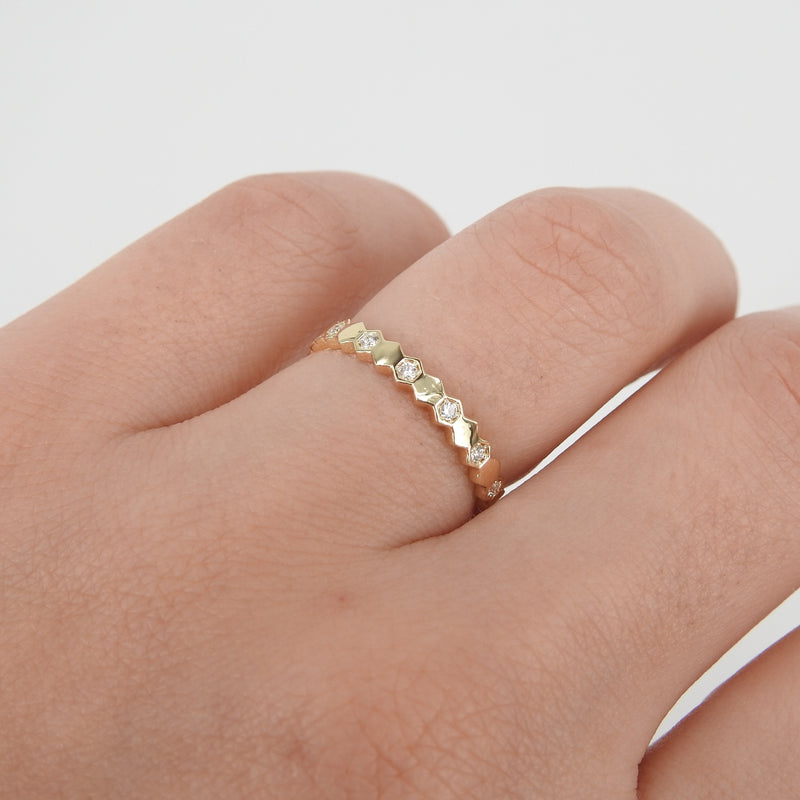 Nature-Inspired Hexagon Diamond Band –  Solid 18k Gold Stacking Eternity Ring