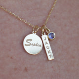 Personalized Family Name Necklace – Solid 18k Gold Engraved Charms with Birthstone – Custom Gift for Mom, Grandma, or New Baby