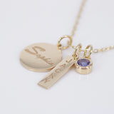 Personalized Family Name Necklace – Solid 18k Gold Engraved Charms with Birthstone – Custom Gift for Mom, Grandma, or New Baby