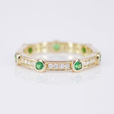Tsavorite & Diamond Eternity Band – Full Solid 18k Gold Bezel Wedding Ring – Green Gemstone Stackable Anniversary Band