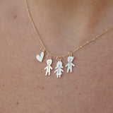 Custom Family Name Necklace – Solid Gold Kids Silhouette Charms with Heart – Personalized Gift for Mom, Grandma, New Baby or Anniversary