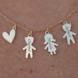 Custom Family Name Necklace – Solid Gold Kids Silhouette Charms with Heart – Personalized Gift for Mom, Grandma, New Baby or Anniversary