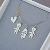 Custom Family Name Necklace – Solid Gold Kids Silhouette Charms with Heart – Personalized Gift for Mom, Grandma, New Baby or Anniversary