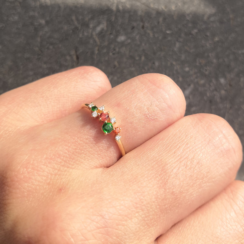 Customizable Family Gemstone Cluster Ring -Natural Diamond, Sapphire and Tsavorite Ring - January, April, and September Birthstone Ring