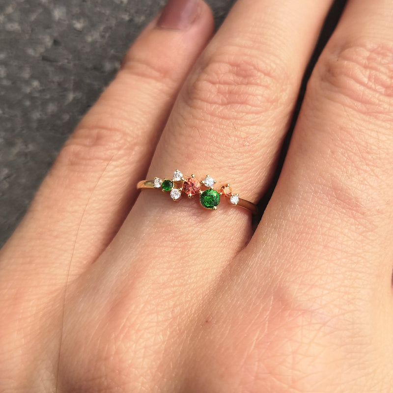 Customizable Family Gemstone Cluster Ring -Natural Diamond, Sapphire and Tsavorite Ring - January, April, and September Birthstone Ring