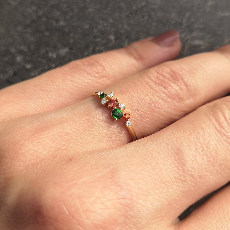 Customizable Family Gemstone Cluster Ring -Natural Diamond, Sapphire and Tsavorite Ring - January, April, and September Birthstone Ring