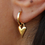 Solid 18k Gold Heart Hoop Earrings – Statement Dangling Love Charm - Everyday Handmade Fine Jewelry