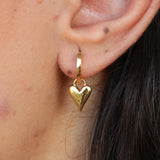 Solid 18k Gold Heart Hoop Earrings – Statement Dangling Love Charm - Everyday Handmade Fine Jewelry