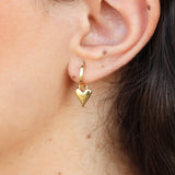 Solid 18k Gold Heart Hoop Earrings – Statement Dangling Love Charm - Everyday Handmade Fine Jewelry