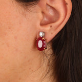 Natural Ruby Diamond Drop Earrings - Large Oval Mozambique Ruby - Solid 18k Gold Statement Earrings