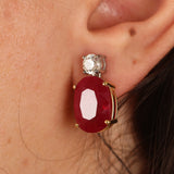 Natural Ruby Diamond Drop Earrings - Large Oval Mozambique Ruby - Solid 18k Gold Statement Earrings