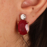 Natural Ruby Diamond Drop Earrings - Large Oval Mozambique Ruby - Solid 18k Gold Statement Earrings