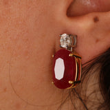 Natural Ruby Diamond Drop Earrings - Large Oval Mozambique Ruby - Solid 18k Gold Statement Earrings