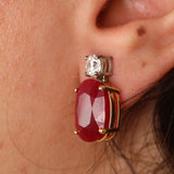 Natural Ruby Diamond Drop Earrings - Large Oval Mozambique Ruby - Solid 18k Gold Statement Earrings