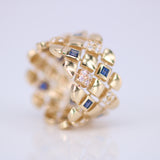 Wide Blue Sapphire Diamond Ring - Geometric Art Deco Statement Band - Natural Sapphire & Diamond 18K Gold Ring