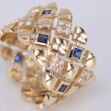 Wide Blue Sapphire Diamond Ring - Geometric Art Deco Statement Band - Natural Sapphire & Diamond 18K Gold Ring