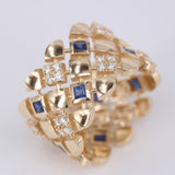 Wide Blue Sapphire Diamond Ring - Geometric Art Deco Statement Band - Natural Sapphire & Diamond 18K Gold Ring