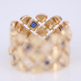 Wide Blue Sapphire Diamond Ring - Geometric Art Deco Statement Band - Natural Sapphire & Diamond 18K Gold Ring
