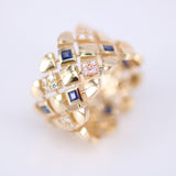 Wide Blue Sapphire Diamond Ring - Geometric Art Deco Statement Band - Natural Sapphire & Diamond 18K Gold Ring