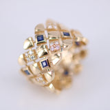 Wide Blue Sapphire Diamond Ring - Geometric Art Deco Statement Band - Natural Sapphire & Diamond 18K Gold Ring
