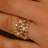 Wide Blue Sapphire Diamond Ring - Geometric Art Deco Statement Band - Natural Sapphire & Diamond 18K Gold Ring